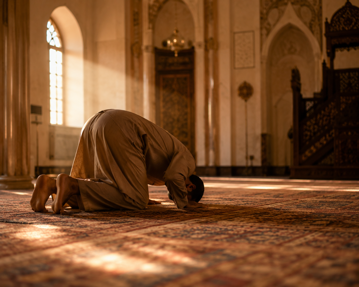 A Muslim man performing Salah prayer inside a mosque in Pakistan