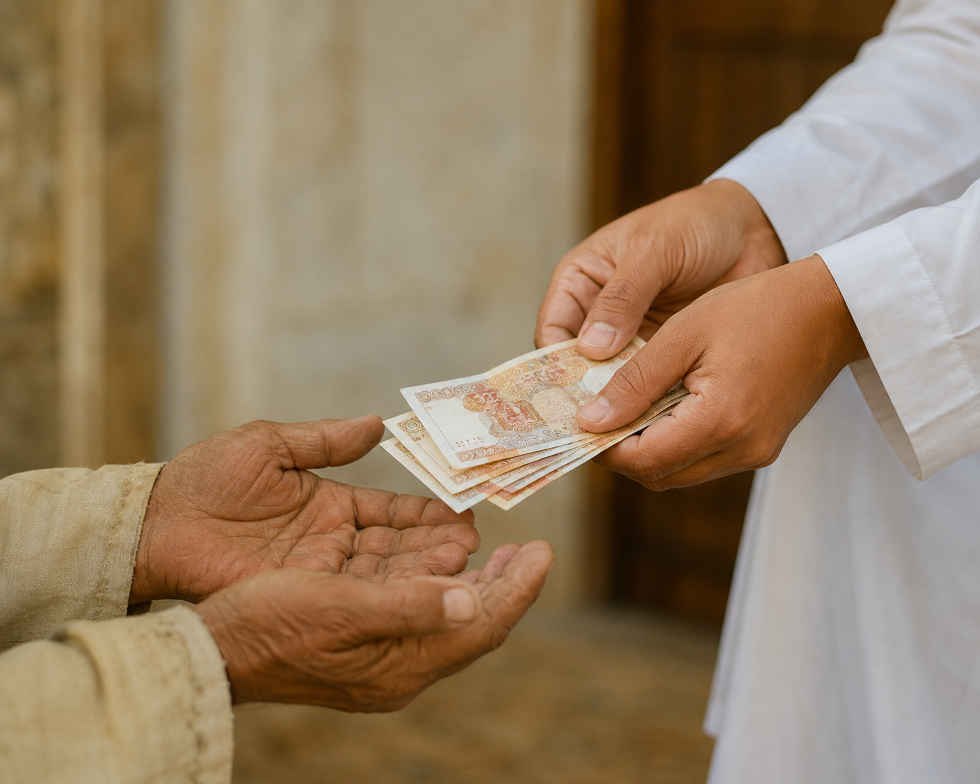 A person handing charity money to another as an act of giving Zakat