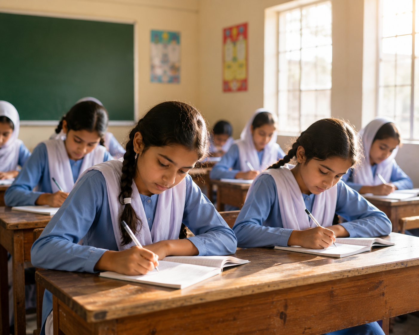 Girls attending school in a classroom setting in Pakistan