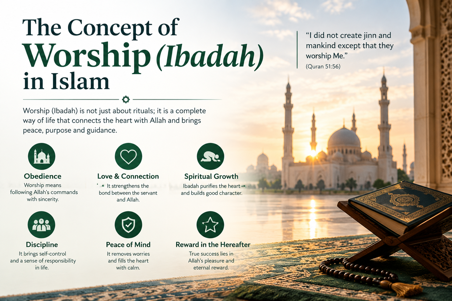 The concept of worship Ibadah in Islam with Quran, prayer rug, prayer beads, and mosque background